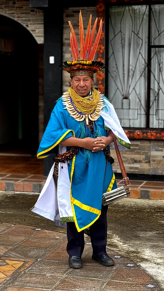 The Taita Mayor of the Kamentsá community in ceremonial dress, Sibundoy Valley, Colombia